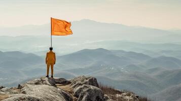 Man with flag on mountain. Illustration photo