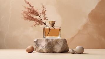 perfume botella en natural Roca antecedentes. ilustración ai generativo foto