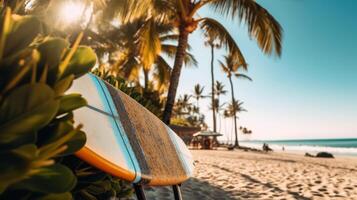 tabla de surf y palma árbol en playa. ilustración ai generativo foto