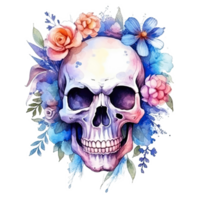 acuarela cráneo con flores ilustración ai generativo png