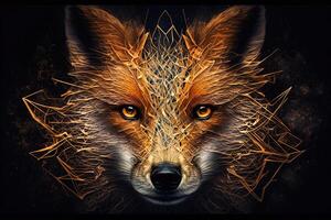 Fantasy Raster Image of Fox Face with Golden Spot, Animal face in the depths of galaxies and stars fox photo