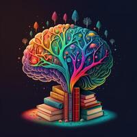 This whimsical image shows a brain with a library inside, its neurons and synapses lit up in a rainbow of joyful colors. A stack of books on a shelf indicates knowledge and learning, photo