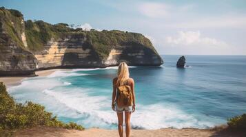 viaje niña en playa. ilustración ai generativo foto