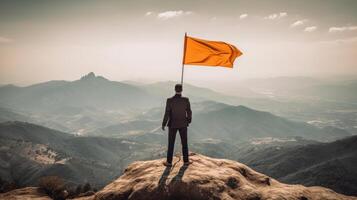 Man with flag on mountain. Illustration photo