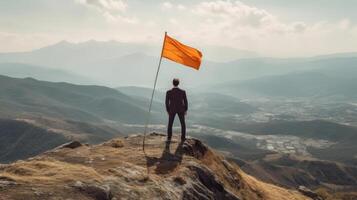 Man with flag on mountain. Illustration photo