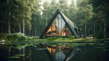 Form of a house-shaped pond located in a lush forest Illustration photo