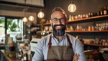 Bearded barista in pub. Illustration photo