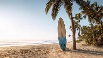 Surfboard and palm tree on beach. Illustration photo