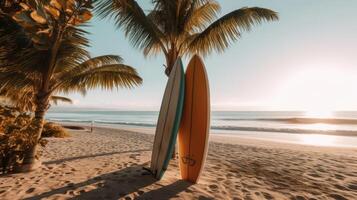 tabla de surf y palma árbol en playa. ilustración ai generativo foto