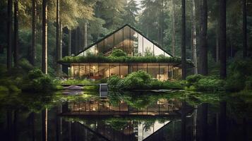 Form of a house-shaped pond located in a lush forest Illustration photo