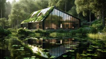 formar de un en forma de casa estanque situado en un lozano bosque ilustración ai generativo foto
