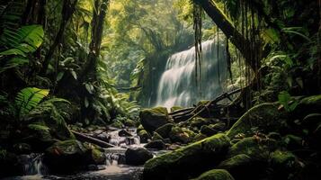 cascada en tropical bosque. ilustración ai generativo foto