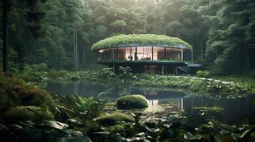 Form of a house-shaped pond located in a lush forest Illustration photo