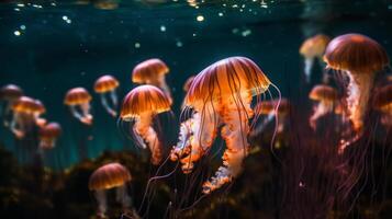 muchos pequeño Medusa aurelia aurita en mar ilustración ai generativo foto