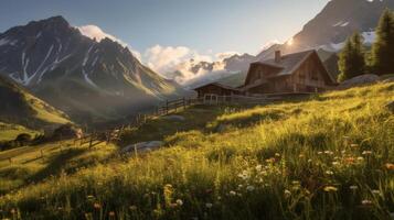 House in mountain meadow. Illustration photo