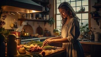 Woman cooking at kitchen. Illustration photo