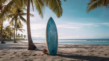 Surfboard and palm tree on beach. Illustration photo