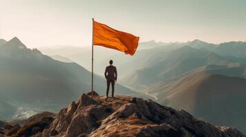 Man with flag on mountain. Illustration photo