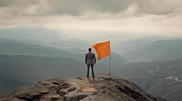 Man with flag on mountain. Illustration photo