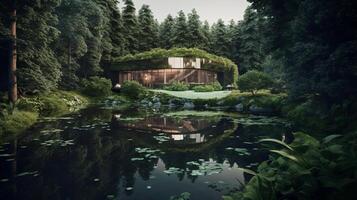 Form of a house-shaped pond located in a lush forest Illustration photo