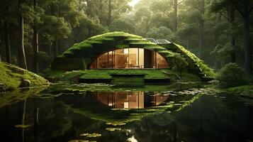 Form of a house-shaped pond located in a lush forest Illustration photo