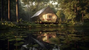 Form of a house-shaped pond located in a lush forest Illustration photo