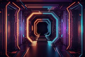 Abstract neon lights into digital technology tunnel. Futuristic technology abstract background with lines for network, big data, data center, server, internet, speed. technology photo