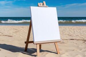 White blank artist frame on a small wooden easel on summer sea beach background with copy space. Advertising mockup artboard for pictures or artwork. Painting frame template banner. photo