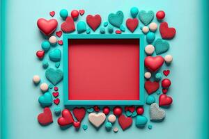 Valentine frame and banner. Red, blue, cyan, pink decoration. flat lay, romantic. Love and valentine day concept. photo