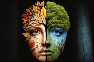 illustration of the four temporal seasons in one face, one frame, one tree. Nature concept. Digitally generated image photo