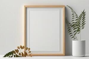 Blank picture frame mockup on wall in modern interior. Artwork template mock up in interior design. Wooden Picture Frame Mockup on White Wall Minimalist - photo