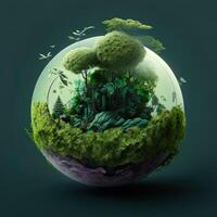 a green mini planet earth, Illustration of planet Earth with a giant tree. Energy saving, ecology and environment sustainable resources conservation concept. photo