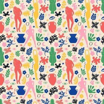 Groovy doodle and abstract art seamless pattern. Matisse random organic shapes and female silhouettes in trendy retro 60s 70s style.