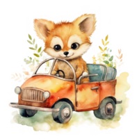 Cute watercolor baby animal in car. Illustration png