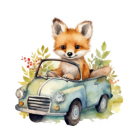Cute watercolor baby animal in car. Illustration png