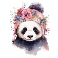 acuarela panda en sombrero con flores ilustración ai generativo png