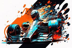 Futuristic racing formula at fast ride to finish. Post product digital illustration. Racing car in motion, Powerful acceleration of a car on a night track with colorful lights and trails photo