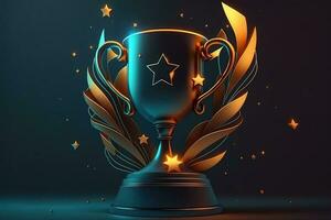 Champion golden trophy with gold stars on blue dark background. Generation AI. Concept of success and achievement. Gold glitters explosion. photo