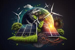 renovable energía antecedentes con verde energía como viento turbinas y solar paneles verde energía concepto energía fuentes sostenible ecología elementos generativo ai foto