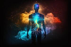 Astral body silhouette with abstract space background. Esoteric, spiritual life and meditation concept. Afterlife and connection with other worlds. Created with photo