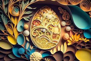 paper cut quilling multi dimensional easter egg in easter celebration, a lot of egg and small rabbit in background. Spring concept. photo