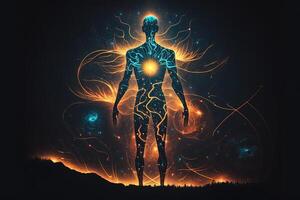 astral cuerpo silueta con resumen espacio antecedentes. esotérico, espiritual vida y meditación concepto. vida futura y conexión con otro mundos creado con generativo ai foto