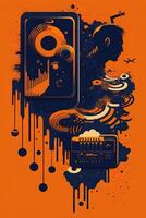 generativo ai antecedentes bandera música y sonido con algunos tecnología, naranja y oscuro azul color.oro música notas y triplicar clave en línea ola de sonido melodía. ilustración modelo para música festival foto