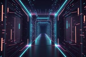 Abstract neon lights into digital technology tunnel. Futuristic technology abstract background with lines for network, big data, data center, server, internet, speed. technology photo