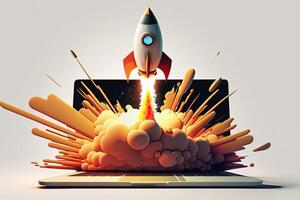 Rocket coming out of laptop screen, white background. AI digital illustration concept of ideas and start up. photo