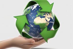 Hand holding earth with recycle symbol in middle. Green energy concept, no more trash and plastic in sea. Save the ocean from garbage. Protecting the oceans and seas. Eco power photo
