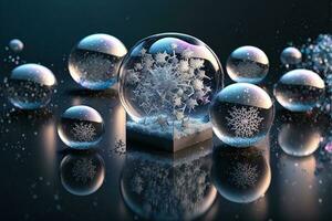 Christmas white decorations on snow with fir tree branches. Winter Decoration Background. Focus of tiny liquid mirror balls falling from the sky , each containing a tiny perfect city inside photo