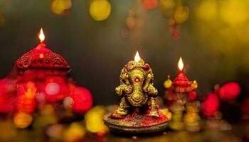 focus on statue of Lord Ganesha, Ganesha Festival. Hindu religion and Indian celebration of Diwali festival concept on dark, red, yellow background and bokeh around photo