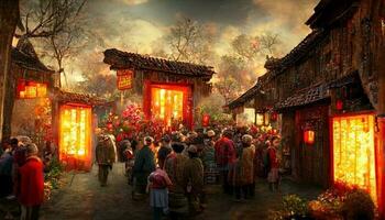 Ancient Chinese village, Chinese New Year, peach flower blossom, multi firework in the sky, bustling market, withered trees. Happy new year concept. Generate AI photo