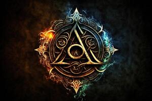 arcane symbol with effect of fire and ice. Magic symbol, Asgard symbol. Runes and triangle symbol with gold and metal color. photo